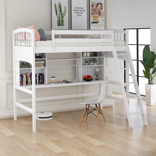 loft bed with shelves and desk - Luxe pine Furniture