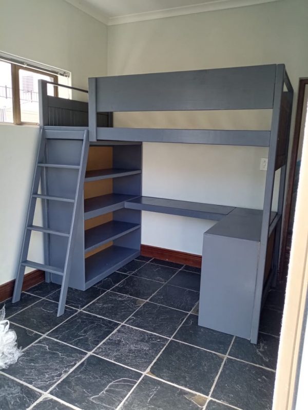 loft bed with desk, shelf and ladder